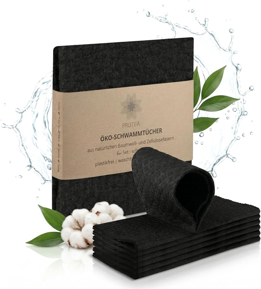 SnelShoppen - Set van 6 Eco Keuken Handdoeken & Vaatdoeken Composteerbaar - 100% Biologisch Afbreekbare Sponsdoeken - Duurzame Theedoeken in Zwart voo