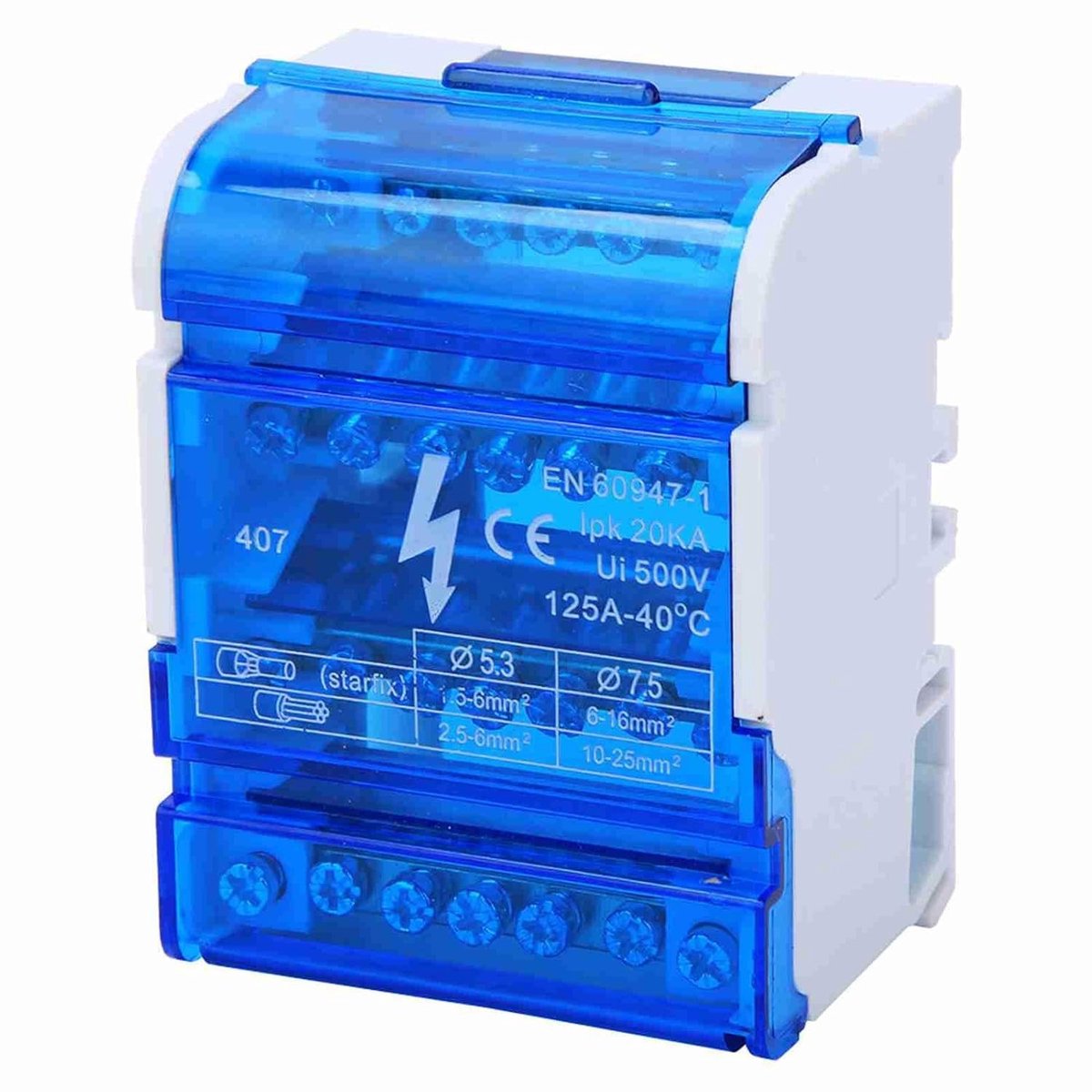 Verdeelkast voor DIN-rail met 4 niveaus, 125A, 500V, transparante afdekking, 4 ingangen en 24 uitgangen, 67x90x50mm