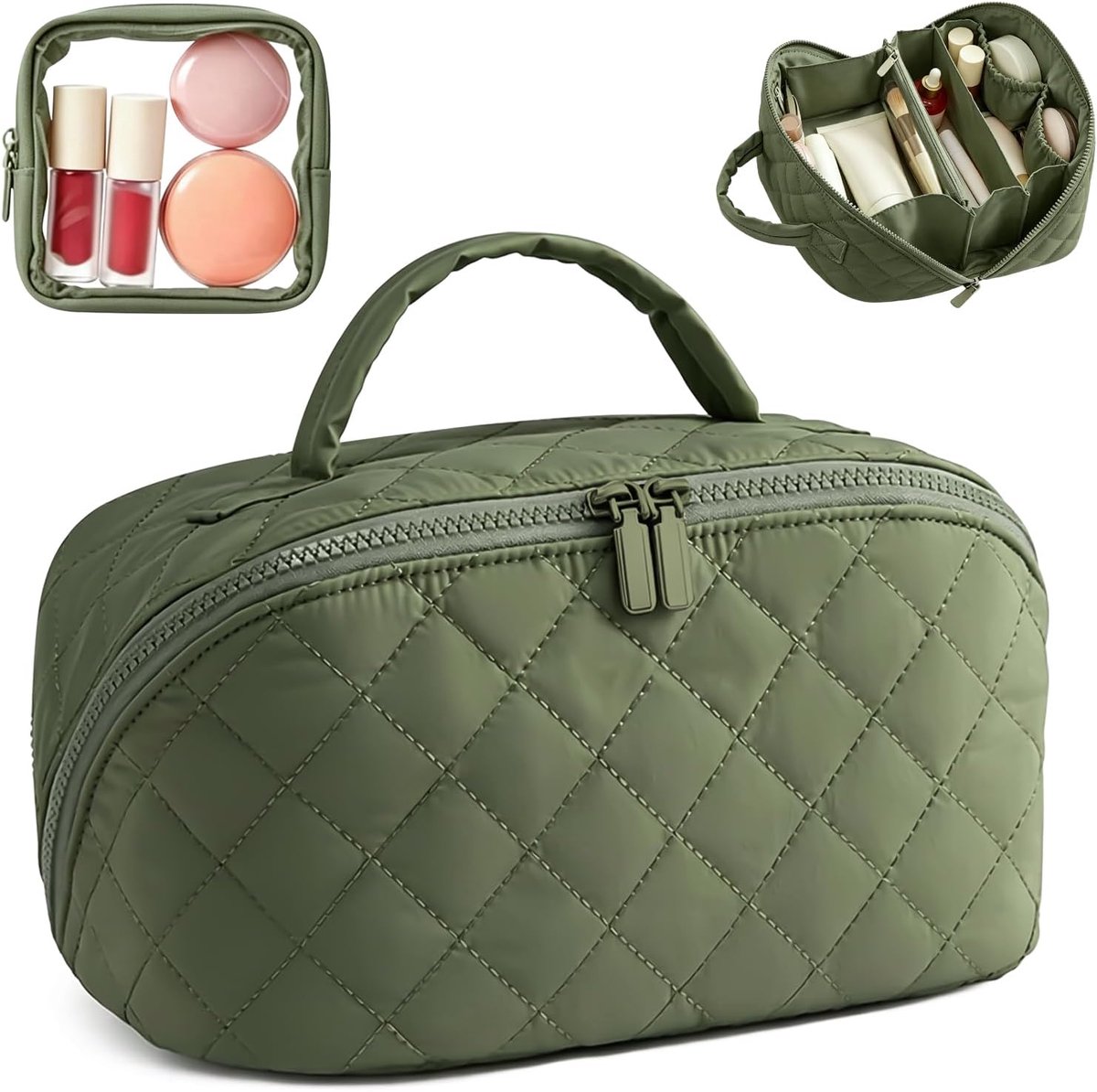 Thijox - Cosmetische Tas voor Dames, Grote Make-uptas met 180° Opening, Organizer met Vakken, Ruime Toilettas voor Reizen in Groen