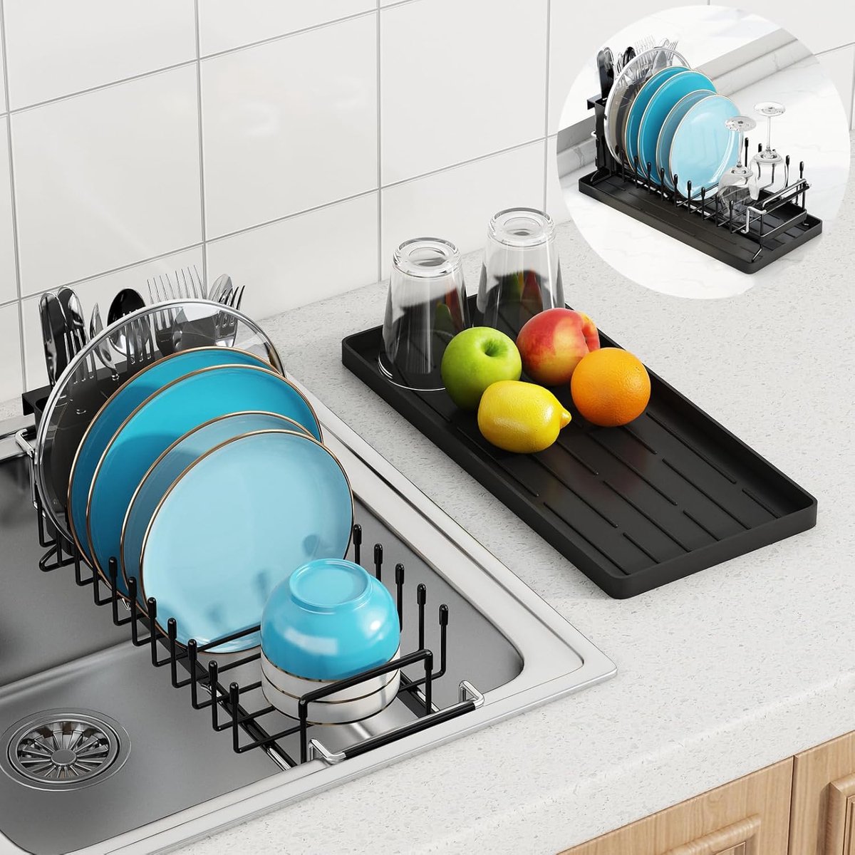 Thijox - Compact Afdruiprek Uitbreidbaar Roestvrijstaal met Bestekhouder en Druppelbak voor Kleine Gootsteen - Geschikt voor 14"-19" Aanrecht