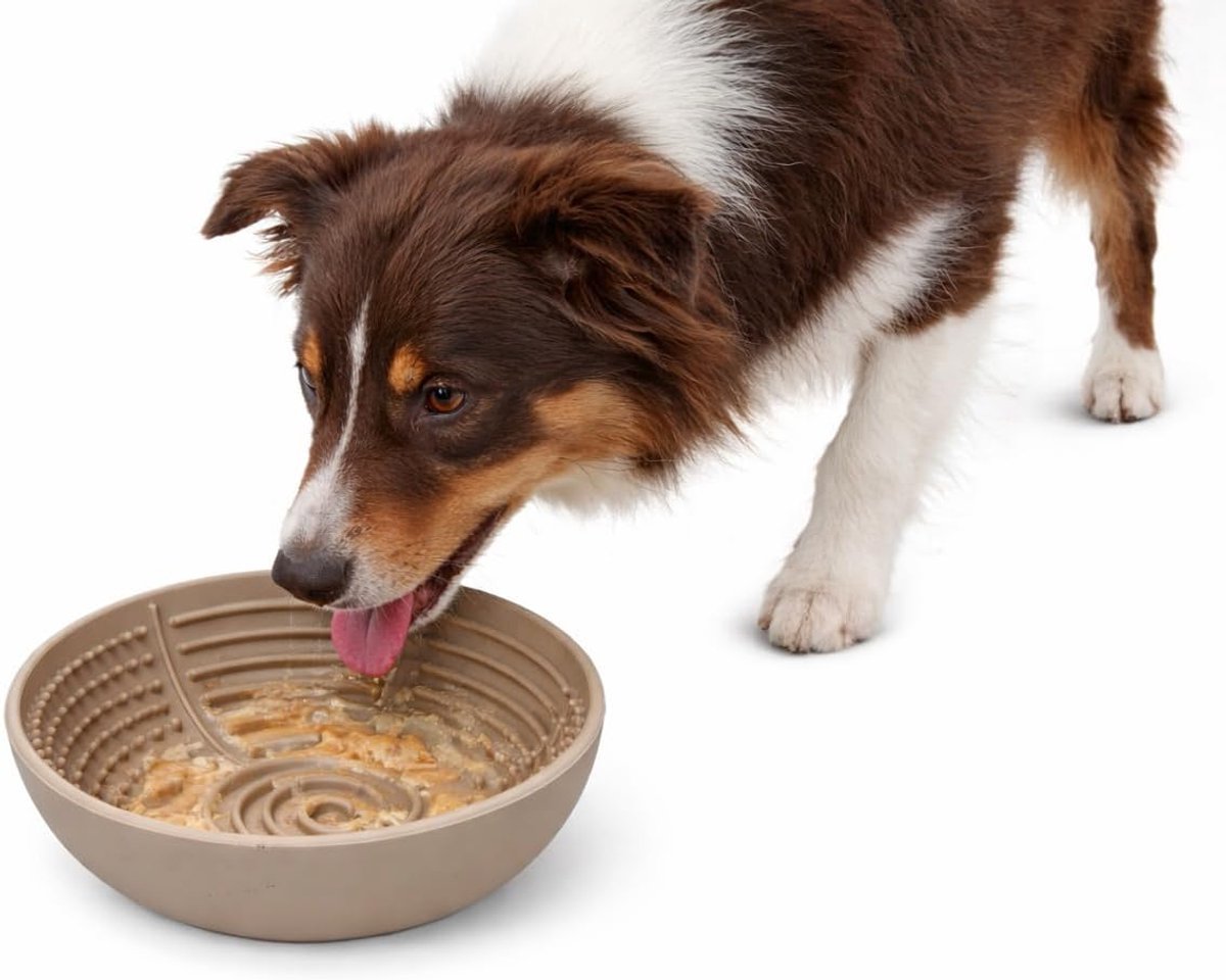 Thijox - Likmat Laslo Taupe Rond Dia 16,5CM - Voer- en Snackmat voor Honden en Katten - Duurzaam Silikon, Antislip, Perfect voor Thuis en Op Reis
