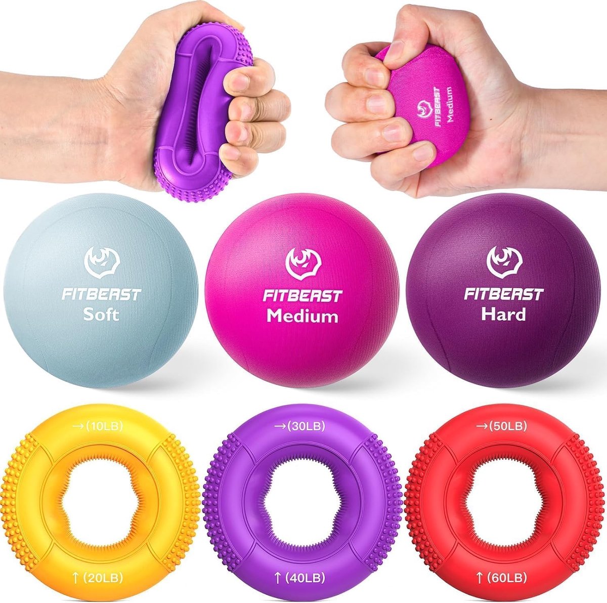 Thijox - FitBeast Handtrainer Set - 6-delige Gripringen & Stressballen voor Handkracht, Revalidatie, Ontspanning voor Mannen, Vrouwen & Senioren
