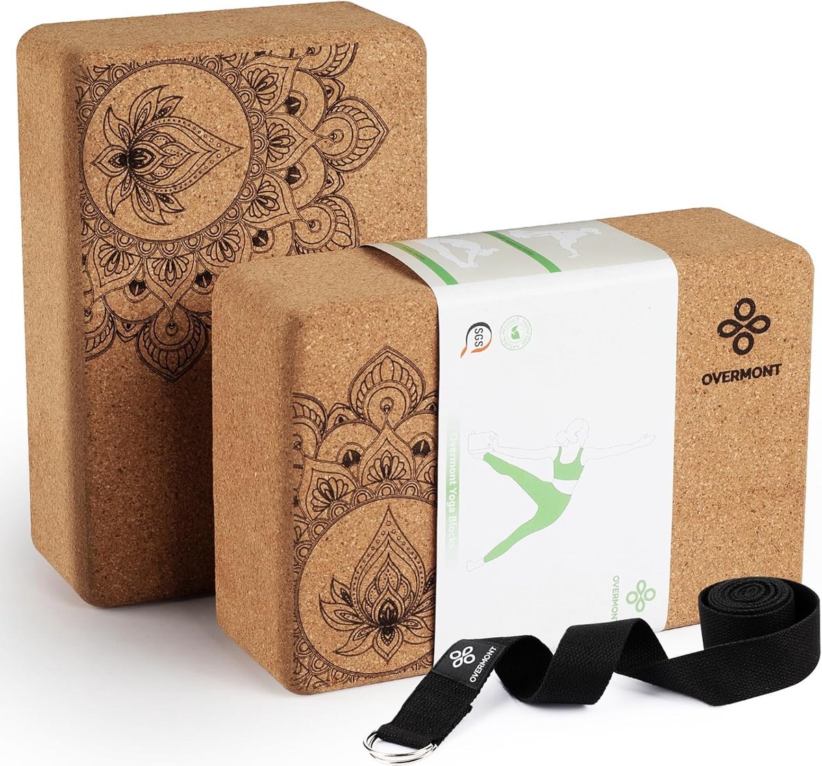 Thijox - Overmont Yogablokken kurk set van 2 met yogariem voor yoga, pilates, fitness, stretching, 23x15x7,6 cm, duurzaam, natuurlijk, lichtgewicht, i
