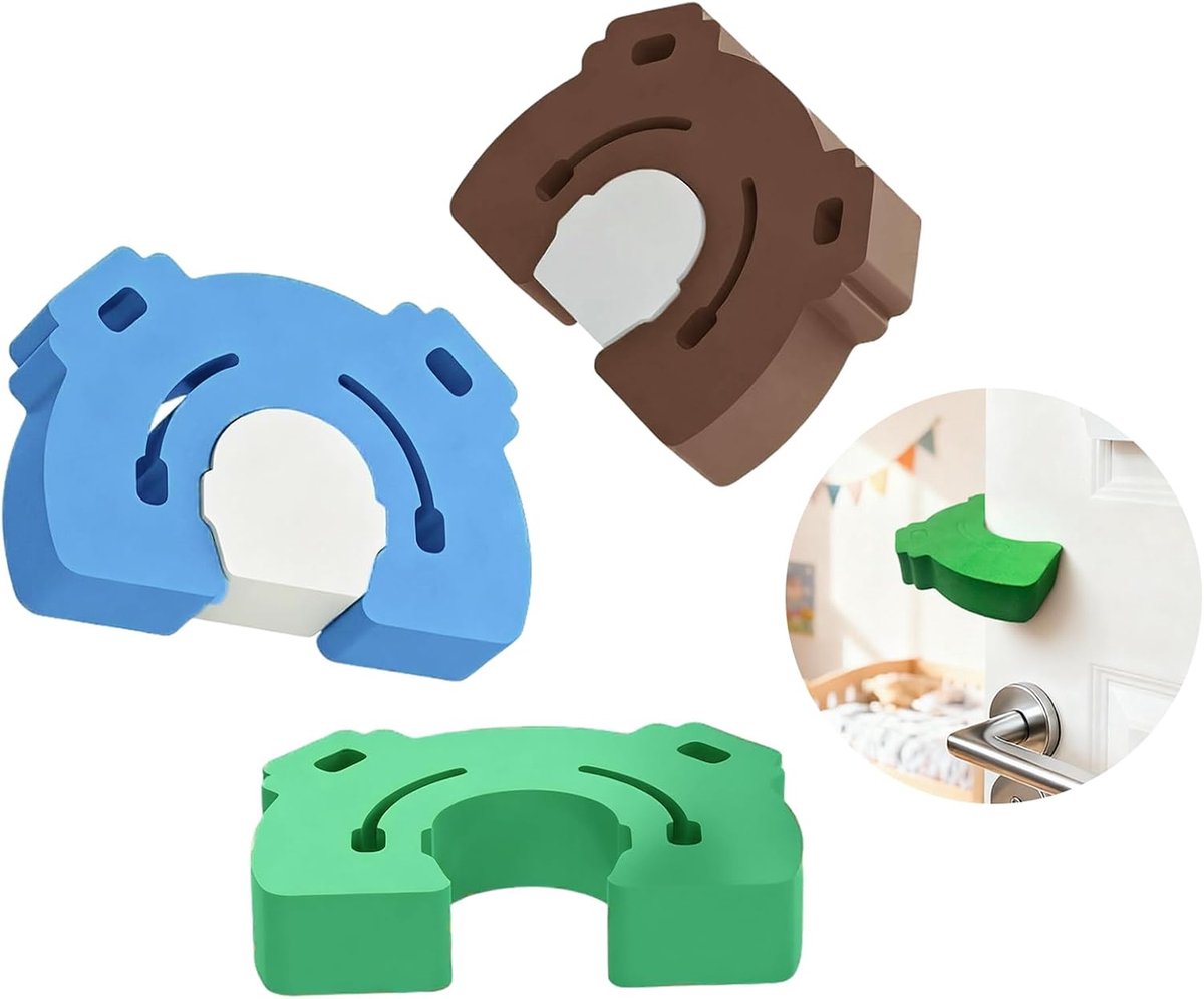 Thijox - Deurstopper Kinderbeveiliging - Klembescherming voor Deuren - Dierenvorm - EVA-schuim - Set van 3 - Groene, Blauwe en Bruine Varianten - Besc