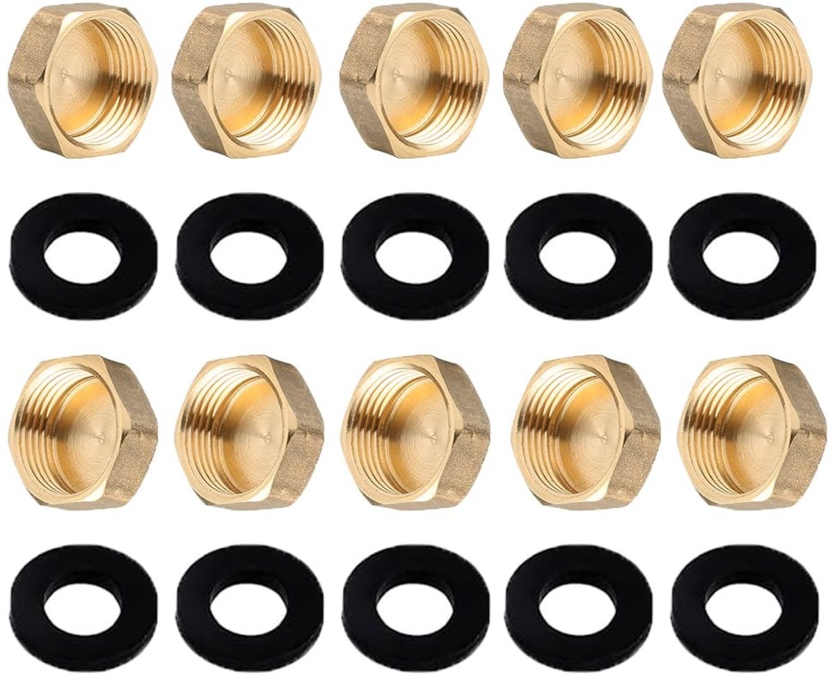 Dailygoods- Messing Dop Set van 10 Stuks - 3/4 Inch Binnendraad - Blinde Stop - Afsluitdop - Eindkap - Inclusief Rubberen Afdichtingen