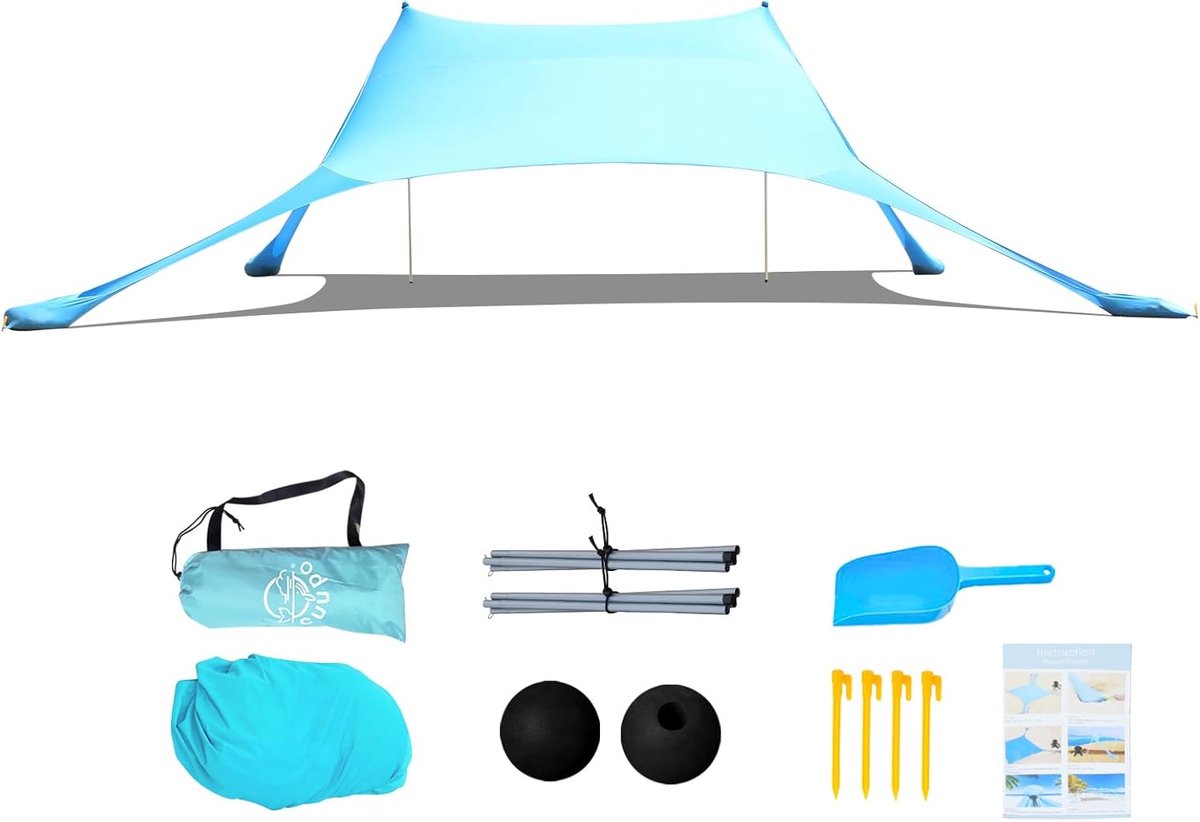 Thijox - Strandtent, Pop-up Luifel, UPF 50+ Zonwering, Draagbaar met Zandzakken en 2 Stangen, Hemelsblauw voor Kamperen, Strand, Tuin, Picknick en Bui