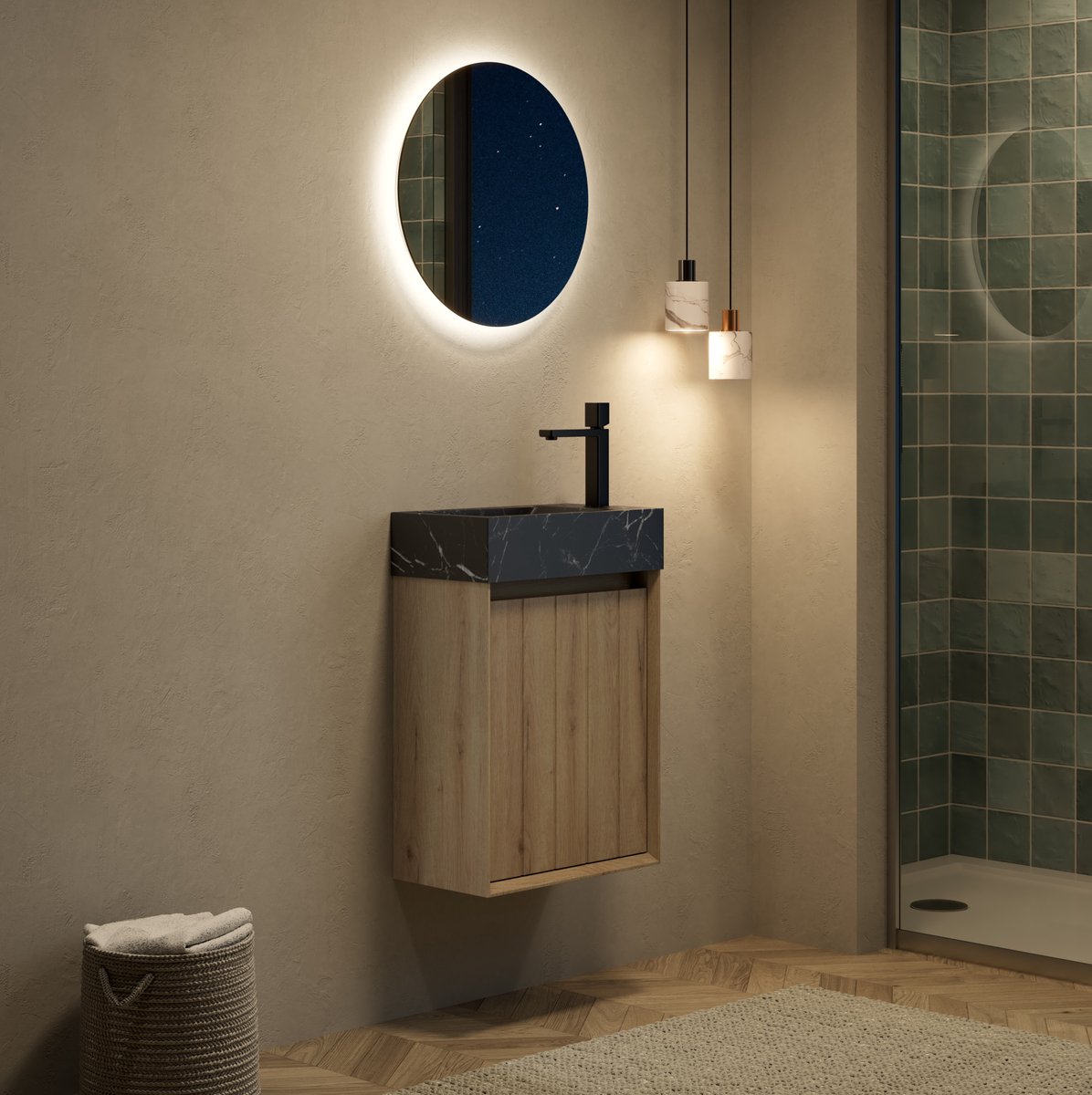 HAUSS SPOLE Badkamermeubel - Wandhangend Met Natuurmarmeren Wastafel En 1 Deur - Voor Kleine Badkamers - Wit Eiken En Zwart - 40 Cm