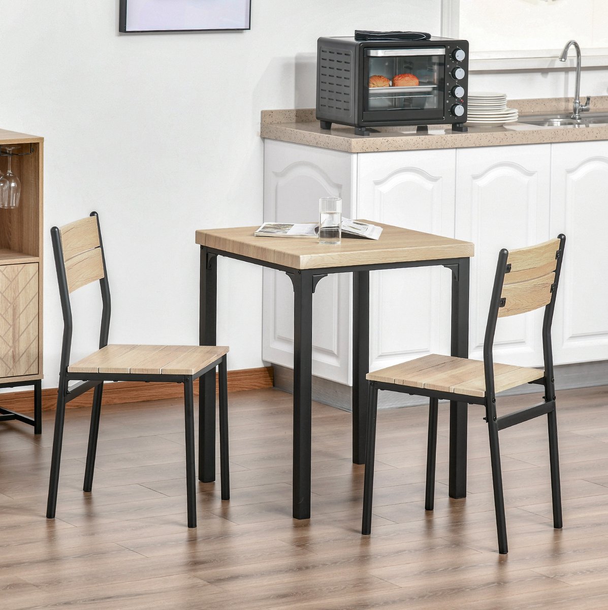 MEUNIQ 3-delige eettafelset met 1 tafel en 2 stoelen, 60 x 60 x 76 cm, landelijk tafel en stoelen set voor keuken, eetkamer of café, naturel houtlook en zwart