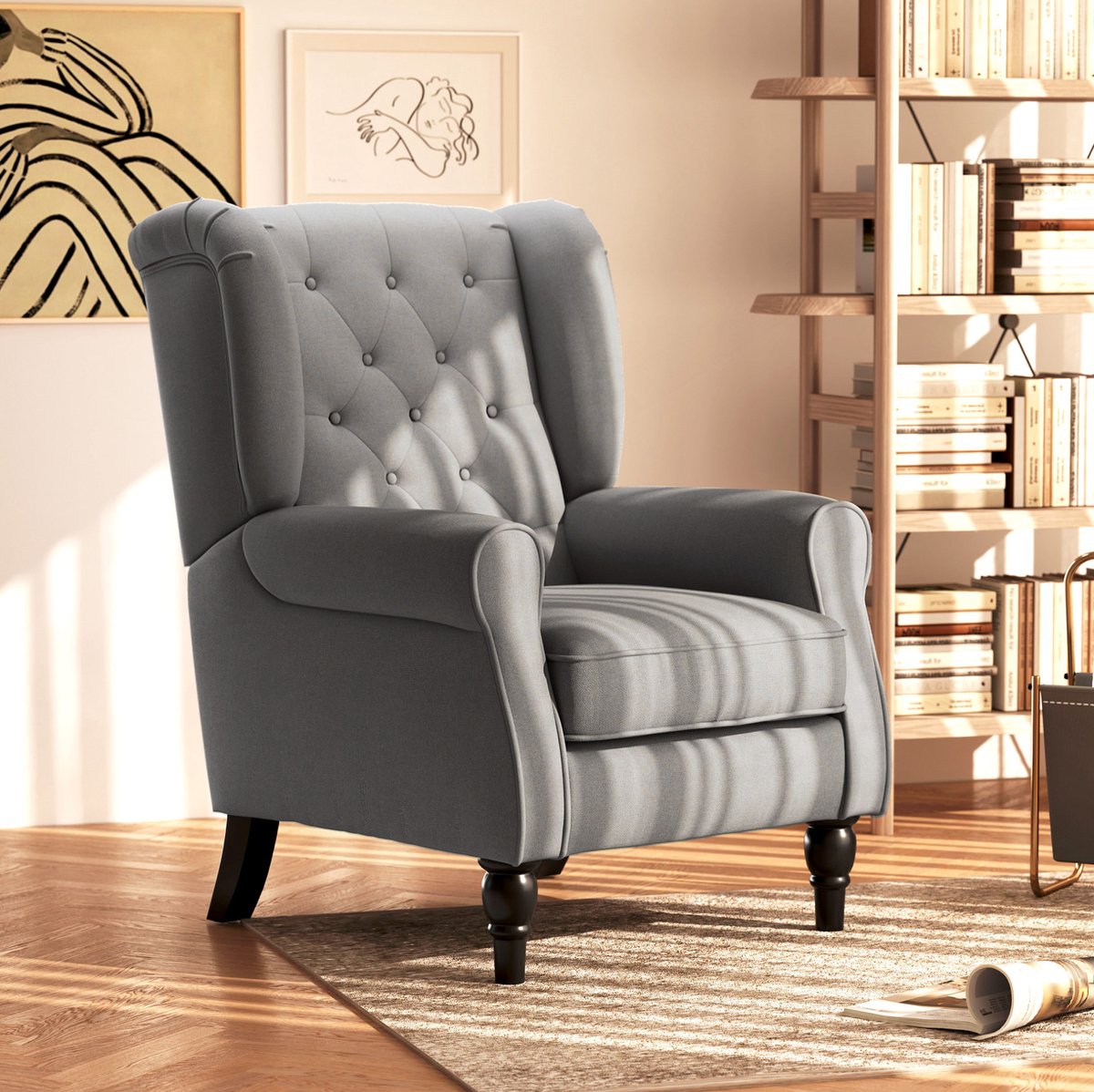 MEUNIQ fauteuil met oorvormige rugleuning en knoopstiksel 74 x 86 x 102 cm, polyester stoel met houten poten en armleuningen voor woonkamer of slaapkamer Donkergrijs