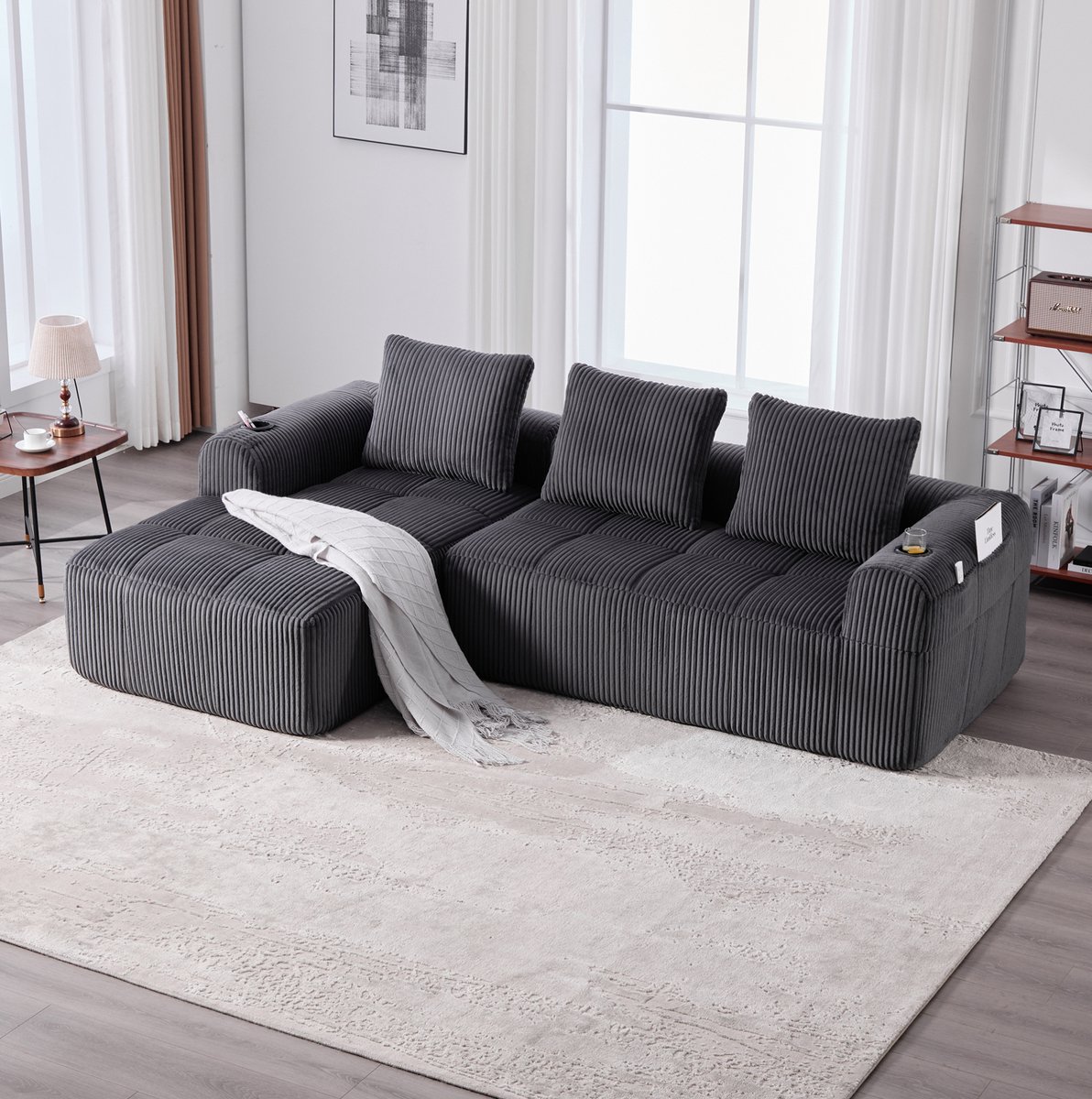 DESMIU Hoekbank 253 X 158 Cm - Modulaire 4-Zits Met Zijvakken, Bekerhouders En 3 Kussens - Voor Woonkamer En Werkkamer - Ribcord Donkergrijs