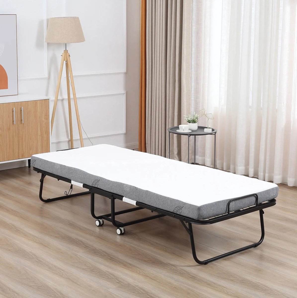 MEUNIQ opklapbed 200 x 75 x 42,5 cm met 10 cm schuimmatras, 4 wielen en stalen frame, eenpersoons logeerbed met inklapbaar ontwerp, wit en zwart