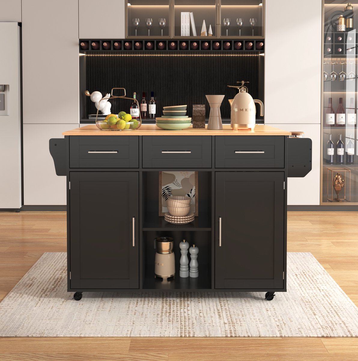 DESMIU Keukenkast - Uitklapbaar Werkblad Met Laden En Deuren - Voor Keuken En Eetkamer - MDF - 139x46x91,5 Cm - Zwart Naturel