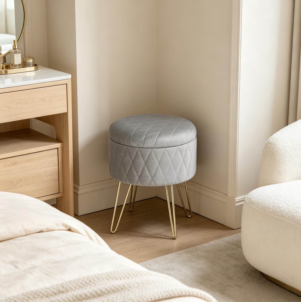 HAUSS SPOLE Opberghocker - Ronde Hocker Met Opbergruimte - Voor Woonkamer En Slaapkamer - Metaal - 31,5x31,5x36 Cm - Lichtgrijs