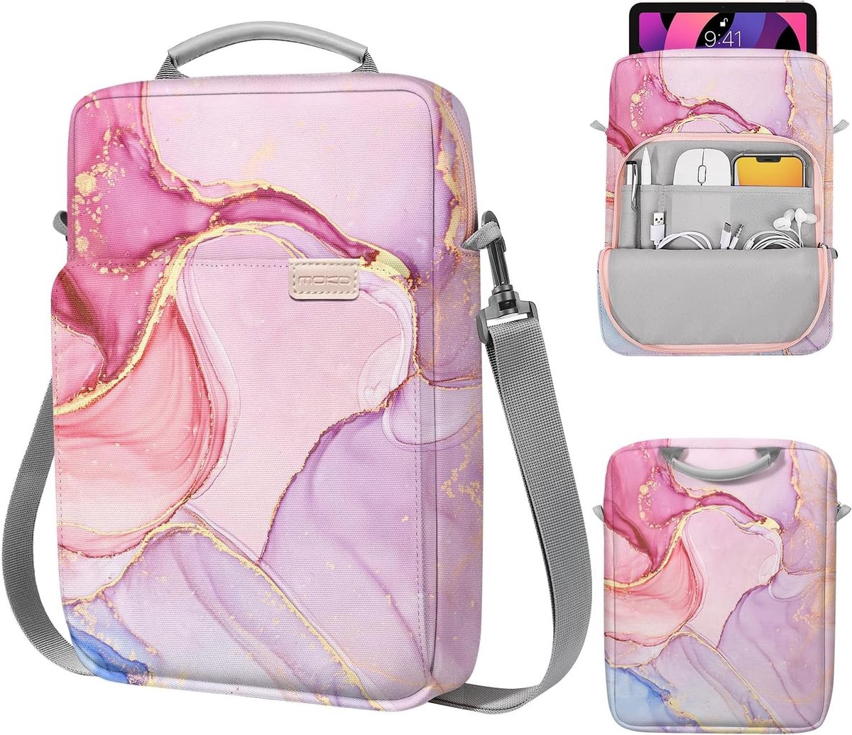 Tablet Sleeve Tas voor 9-11 Inch Tablets met Schouderriem en Handvat - Geschikt voor iPad Air, Pro 11" en Samsung Tab S8/S9 in Wolkig Roze