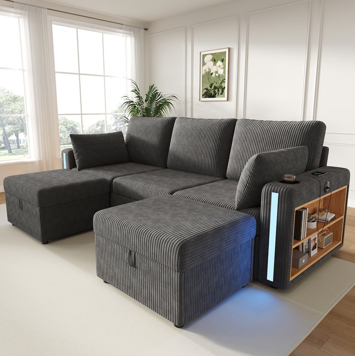 FloraGrace Modulaire U Bank 5 Zitplaatsen Met Opberghockers LED Sfeerverlichting USB En Type C Voor Woonkamer Corduroy Grijs