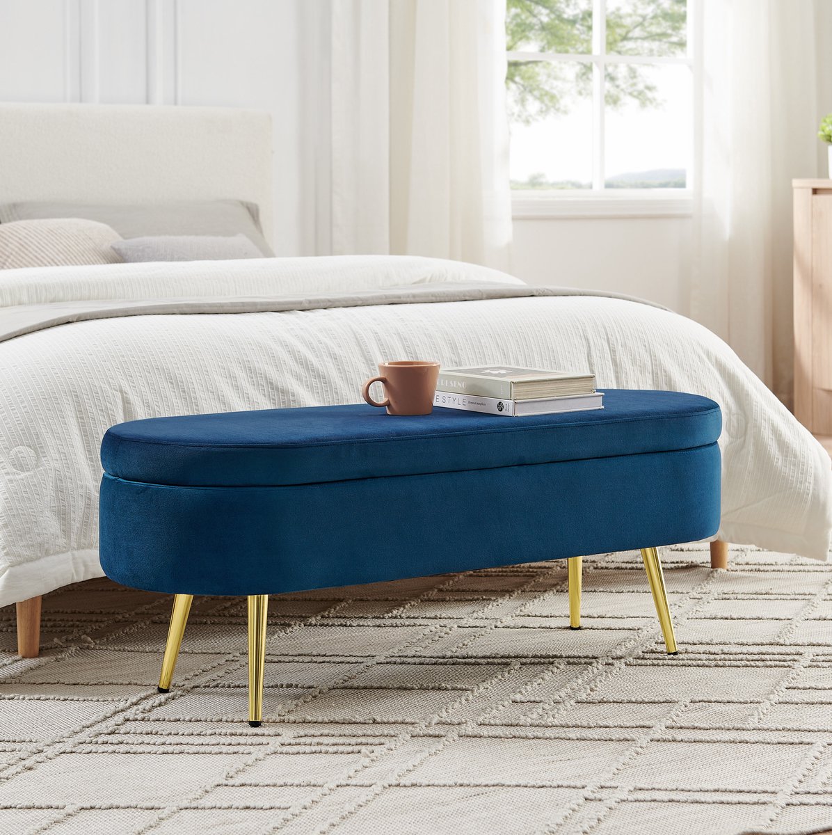 HAUSS SPOLE Opbergbank - Blauwe Fluwelen Zitbank Met Opbergruimte En Zachte Zitting - Voor Slaapkamer Woonkamer En Hal - Hout Metaal - 110x40x42 Cm