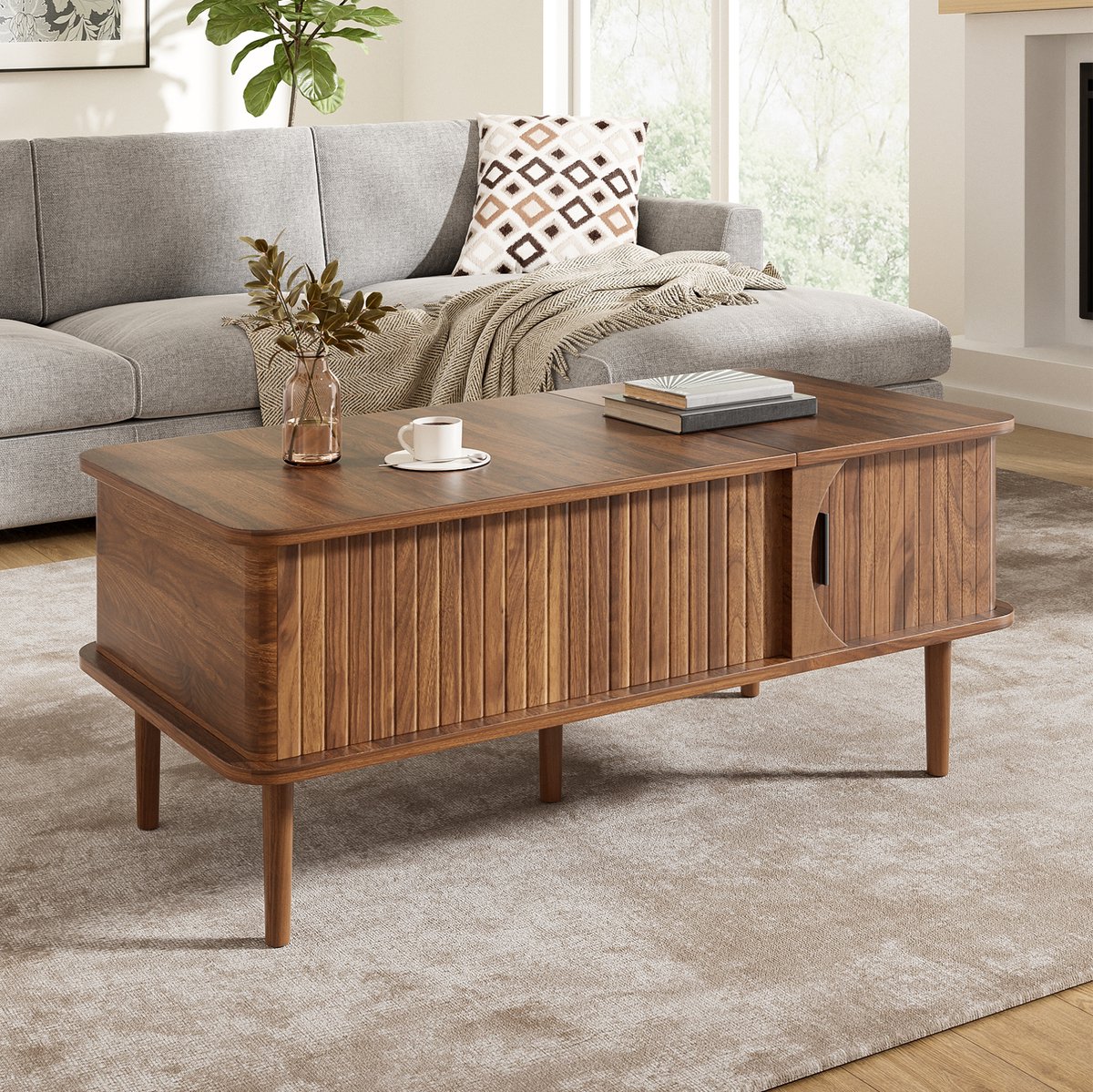 STILVORA Salontafel - Hoogte Verstelbaar Met Schuifdeur En Opbergruimte - Voor Woonkamer En Kleine Ruimtes - MDF - 100x48x55,5 Cm - Walnoot