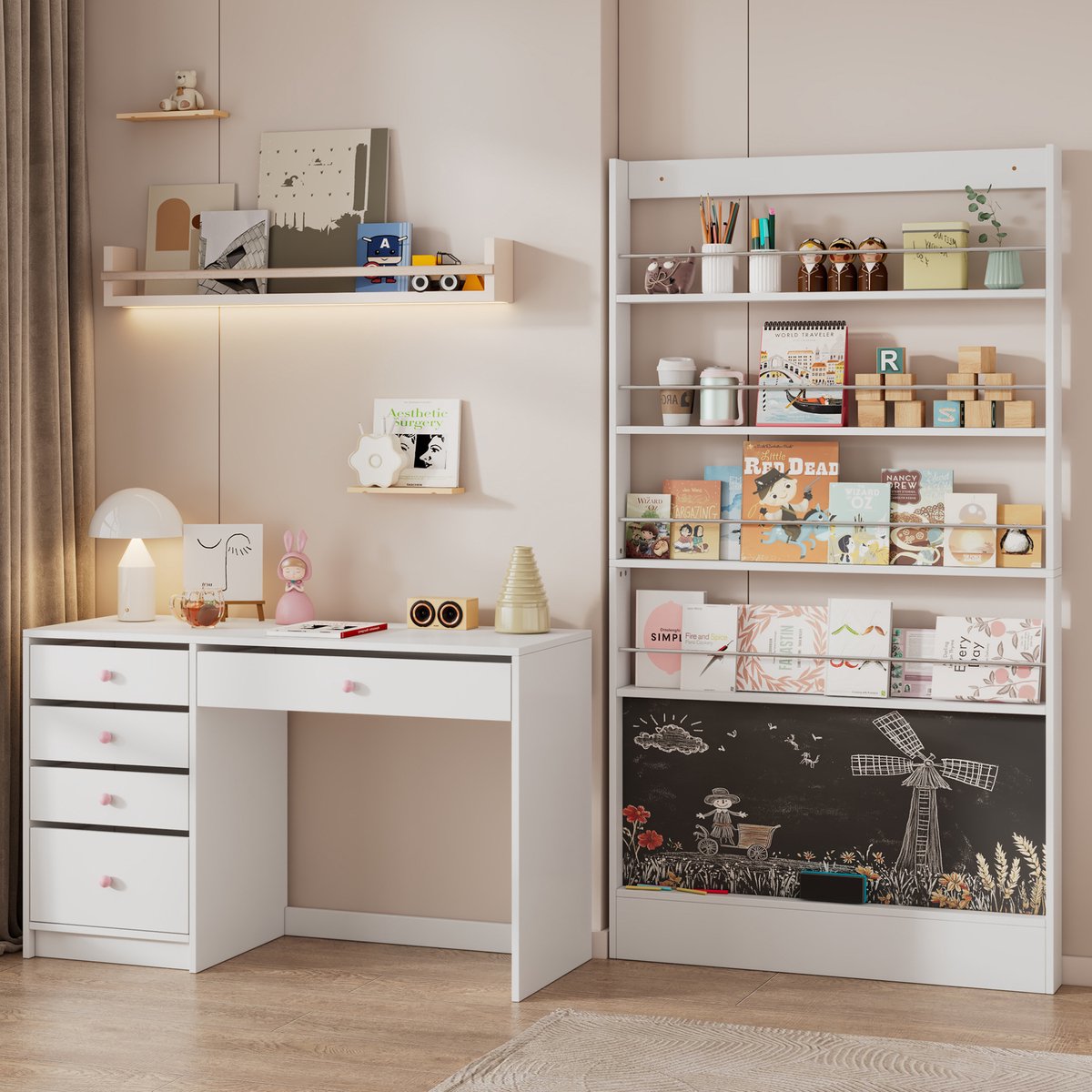 MIVRAY Kinderbureau Met Boekenrek - Bureau Set Met Lades En Krijtbord - Voor Kinderkamer En Studeerkamer - Wit Spaanplaat - 120x45x74 Cm
