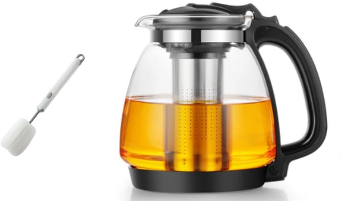 Theepot van glas, 2000 ml, theepot met theezeef, hittebestendige glazen theepot met zeef, glazen theepot met borstel