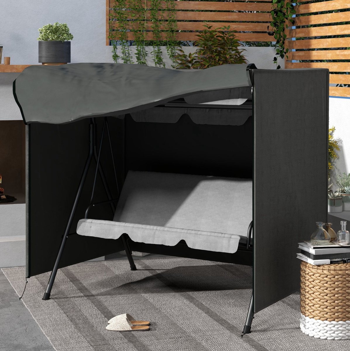 MEUNIQ Schommelbankhoes 3-zits 177 x 114 x 152 cm met rits en bevestiging, waterafstotende tuinmeubelhoes voor Hollywoodschaukel, UV-bestendig, donkergrijs