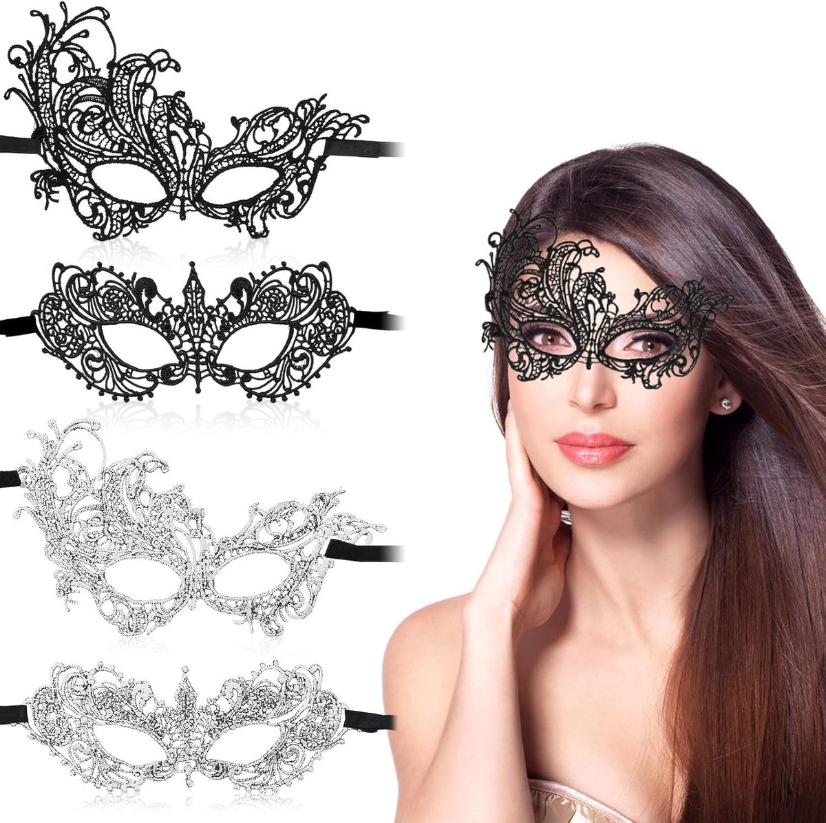 4 Stuks Zwarte Maskers van Kant voor Vrouwen, Ideaal voor Venetiaanse Maskerade, Halloween en Feestjes