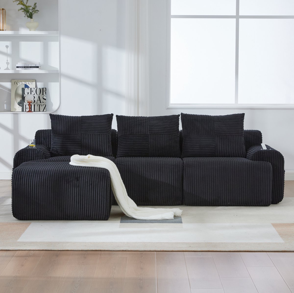 FloraGrace Hoekbank 268 x 174 x 80 cm - Modulaire 3-Zits Bank Met Hocker, Bekerhouder En Opbergtas - Corduroy - Zwart