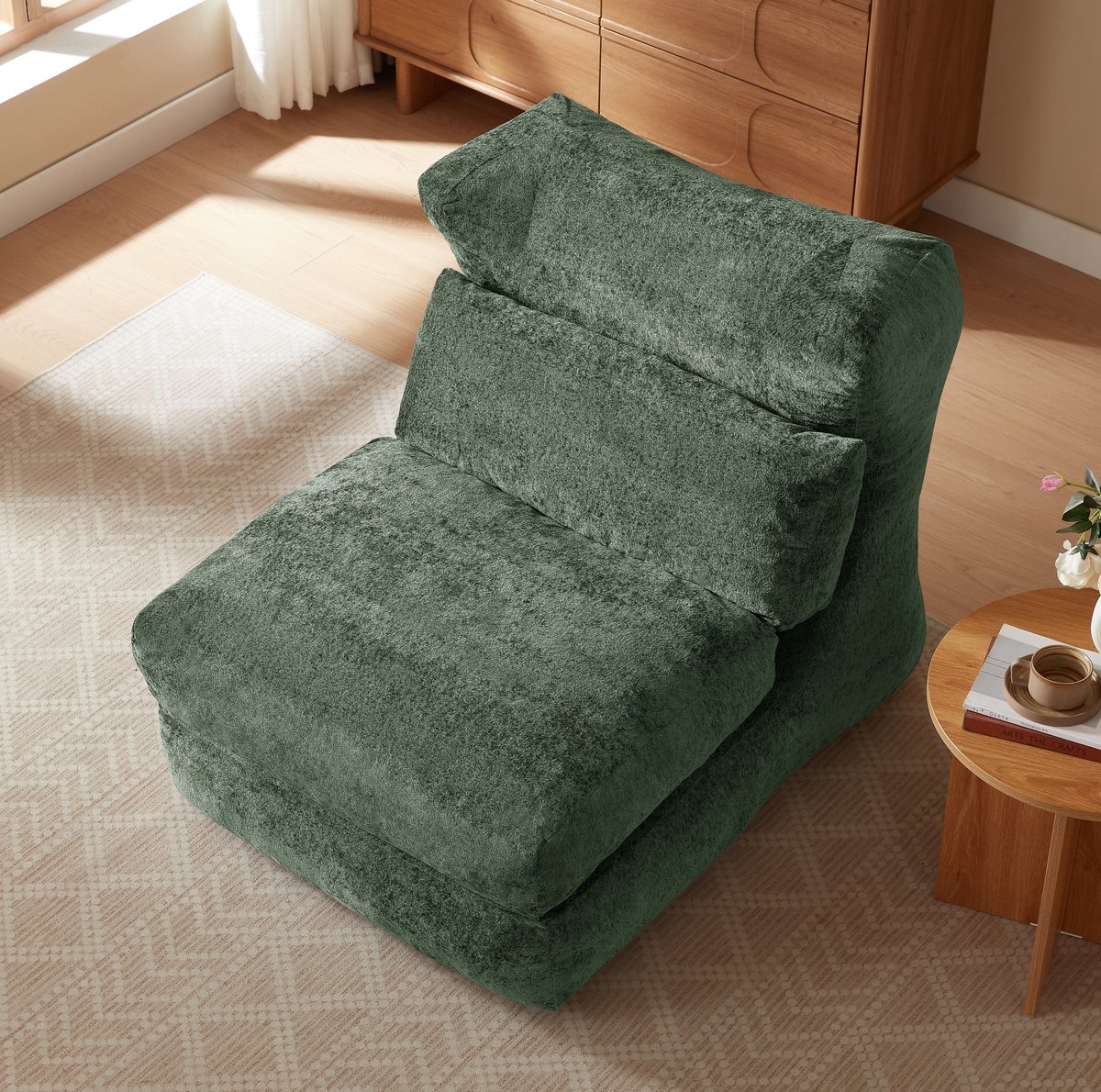 FloraGrace Fauteuil 90 x 210 x 86 cm - Handmatig Verstelbaar Van Fauteuil Naar Ligstoel - Voor Woonkamer Of Slaapkamer - Groen