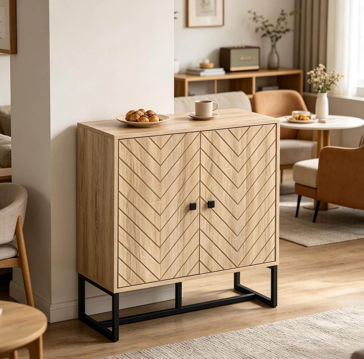 MIVRAY Dressoir - Opbergkast Met Verstelbare Planken En Magnetische Deuren - Voor Woonkamer Hal Of Eetkamer - Hout En Metaal - 80x29,5x80 Cm - Zwart Naturel