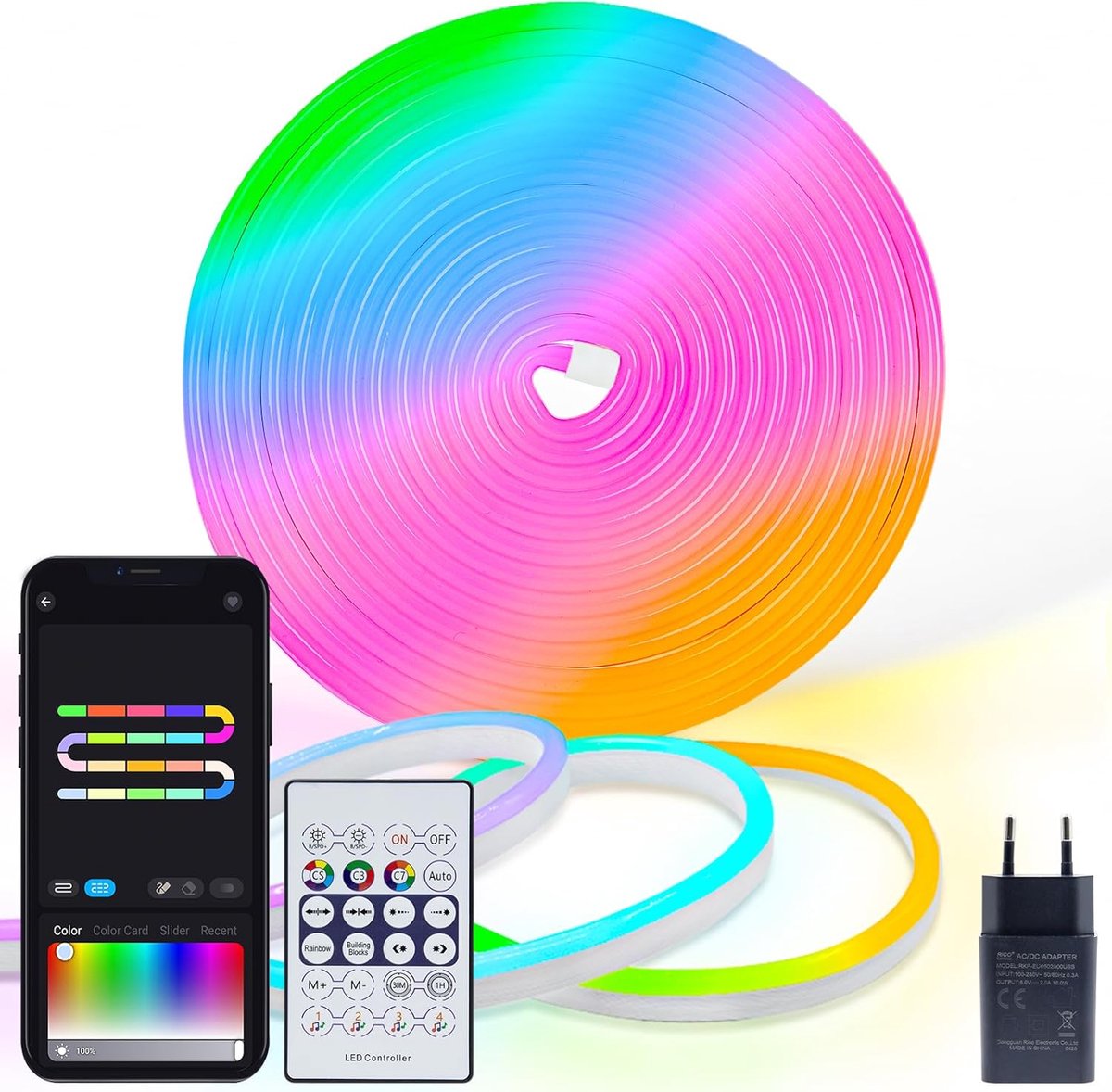 Thijox - 5 m Neon LED Strip RGB & IC; Waterdichte Zelfvormende Verlichting met App en Afstandsbediening, Muzieksynchronisatie voor Slaapkamer, Gaming,