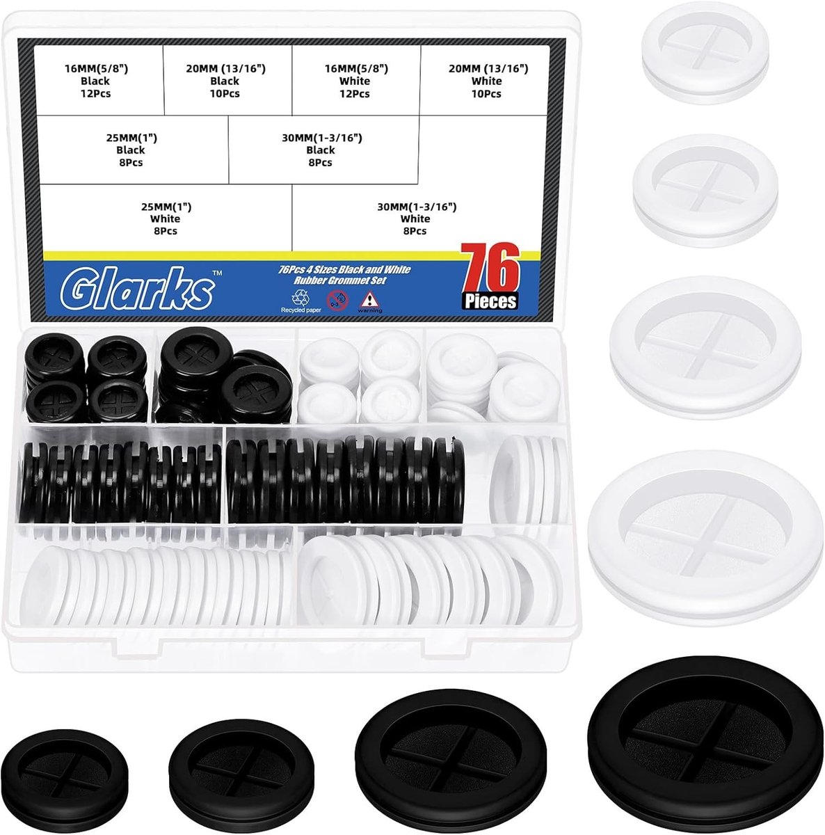 76-delige set rubberen grommets van 16mm tot 30mm voor draadbescherming, dubbelzijdige ronde pluggen en afdichtingen voor brandwerende toepassingen