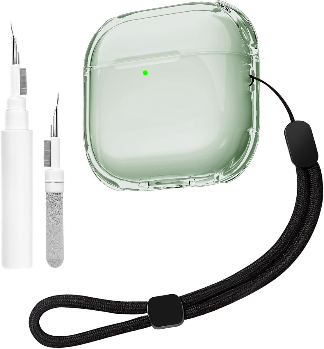 Transparante Beschermhoes voor Airpods 4 met Reinigingskit, Zacht TPU, Handriem, Draadloos Opladen en Schokbestendig (Groen)