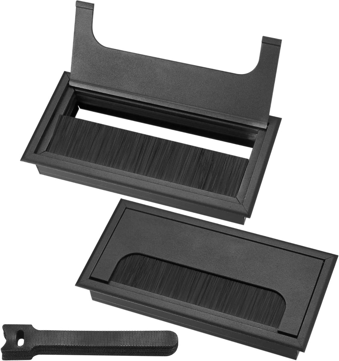 SnelShoppen - 2 Kabeldoorvoeren Bureau, Kabelgoot Aluminium Zwart met Borstelafdichting 160x80mm, Inclusief 10 Stuks Kabelbinders