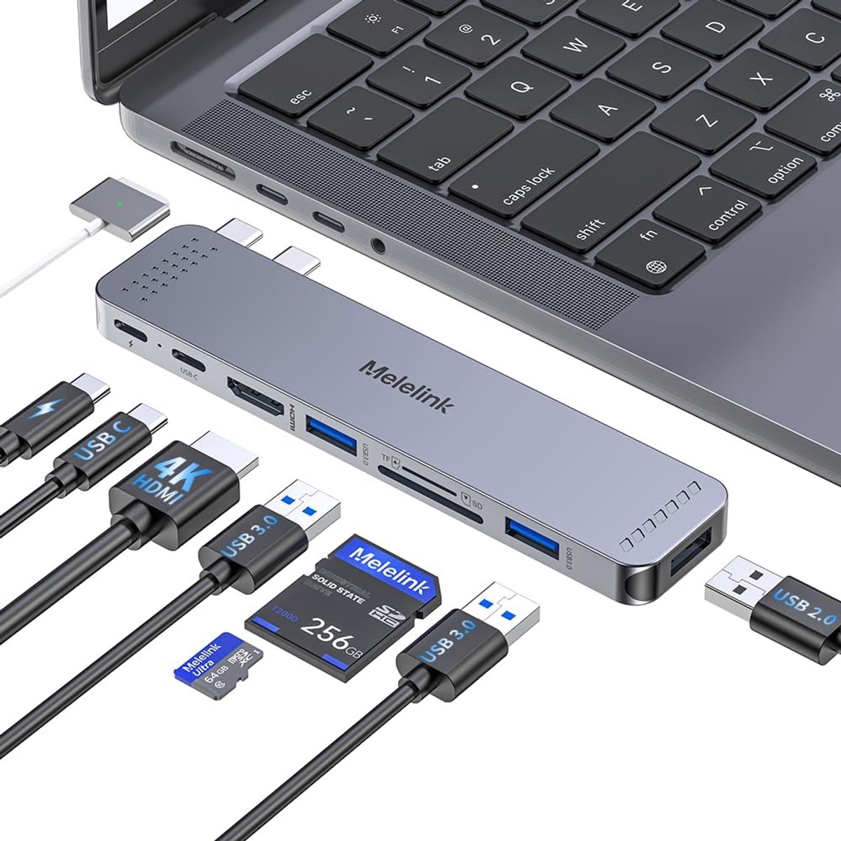 SnelShoppen - USB C Hub Adapter voor MacBook - 8-in-2 Multiport Dongle met 4K HDMI, Thunderbolt 3, USB 3.0, SD/TF Kaartlezer - Compatibel met MacBook