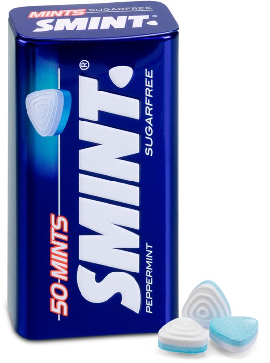 Blauwe Smint Pepermunt Sugarfree mintblik met 3 losse mints.