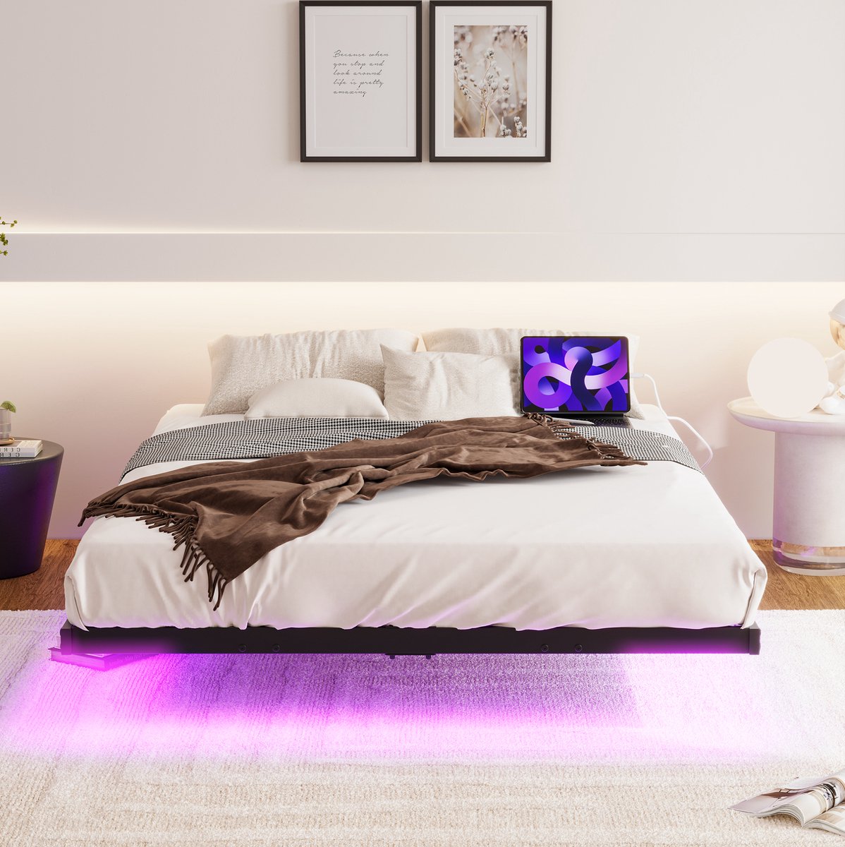 FloraGrace Bed 140x200 cm - Zwevend Ontwerp Met Ledverlichting En Oplaadstation - Met Lattenbodem - Zonder Matras - Metaal - Zwart