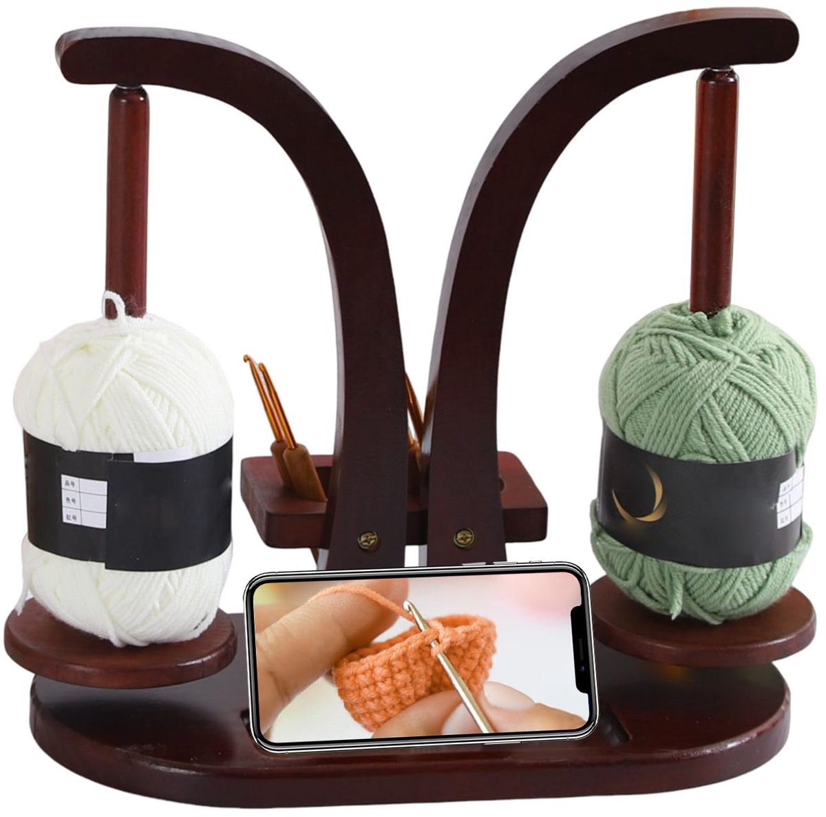 Magnetisch, wolhouder van hout, wolkneelhouder, dubbele garenbalhouder standaard met organizer, garenwikkelaar garenrolhouder cadeau voor breielievers (bruin)