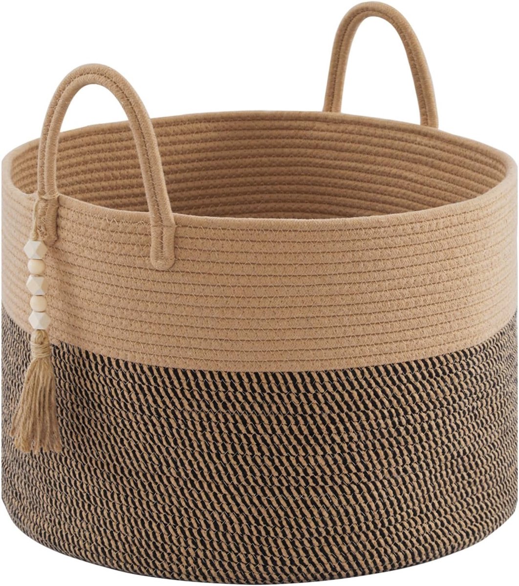 Grote Woven Opbergmand voor Speelgoed en Wasgoed, Katoenen Rope Mand met Houten Beads, 65L, Bruin Mix, Ideaal voor Kinderen en Organisatie
