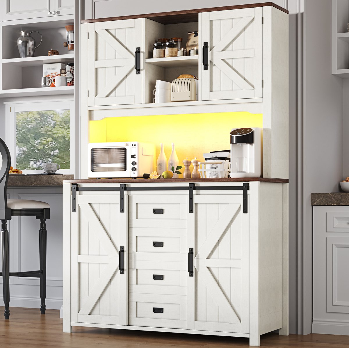 MEUNIQ Keukenkast 115 x 40 x 174,7 cm met schuifdeuren, 2 lades, verstelbare planken en LED-verlichting met appbediening voor keuken, wit