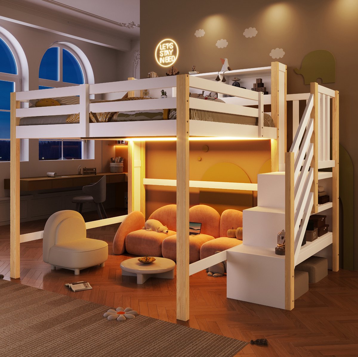 MIVRAY Hoogslaper 140x200 cm Zonder Matras - Met Led Verlichting En Opbergladder - Grote Opbergruimte Voor Kinderkamer - Hout En MDF - Wit Naturel