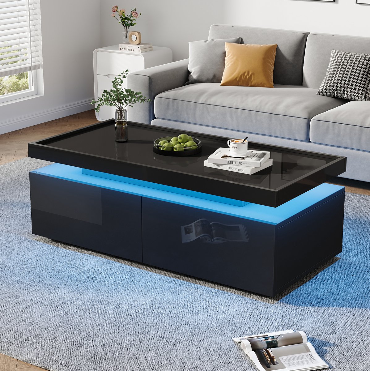 HAUSS SPOLE Salontafel - Hoogglans Met Led En 2 Lades - Modern Voor Woonkamer - Spaanplaat - 95 X 45 X 35 Cm - Zwart