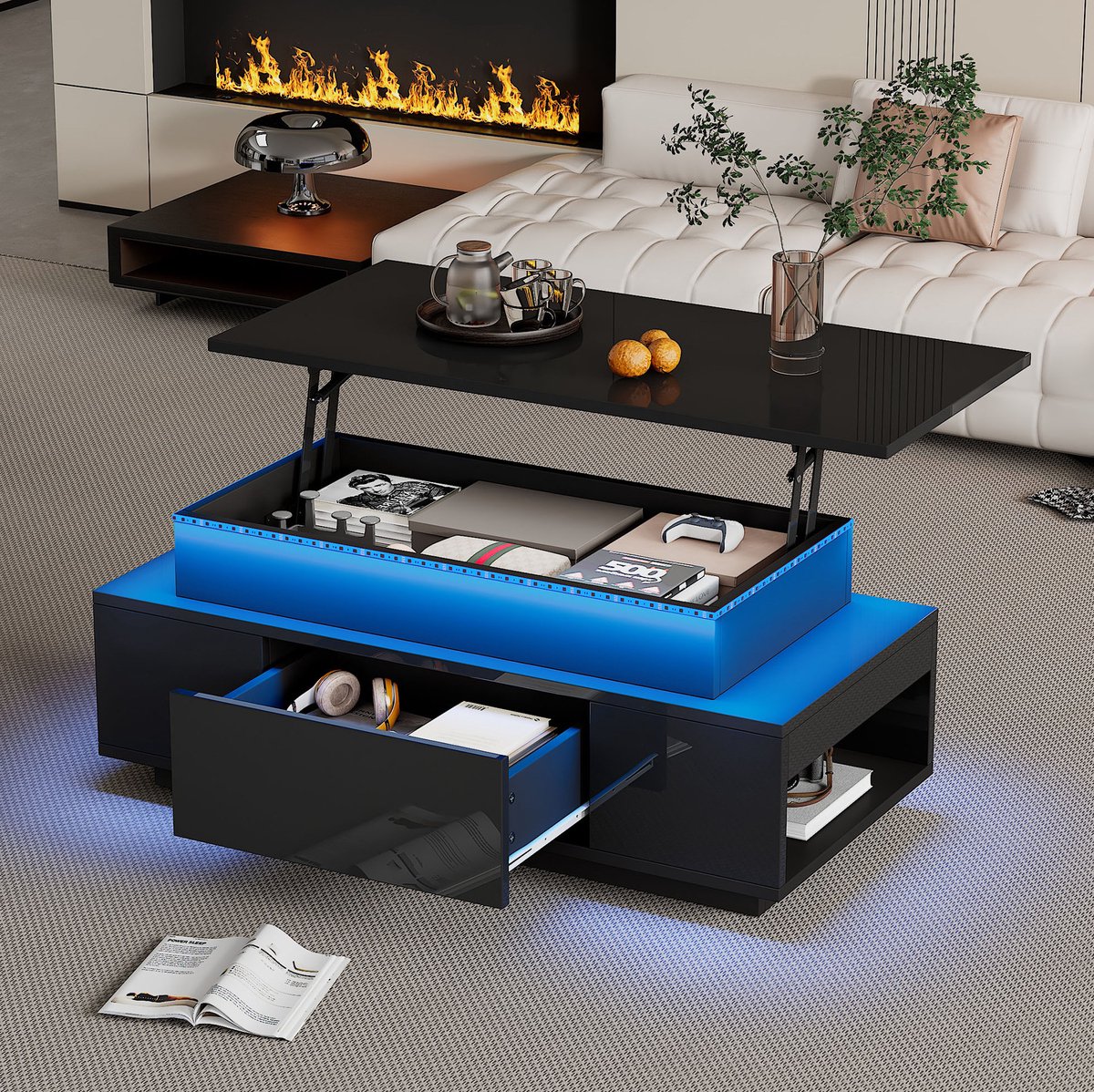 HAUSS SPOLE Salontafel - Hoogglans Met Hefbaar Blad En Ledverlichting - Met Lade En Opbergruimte Voor Woonkamer - Spaanplaat - 96x45x40 Cm - Zwart