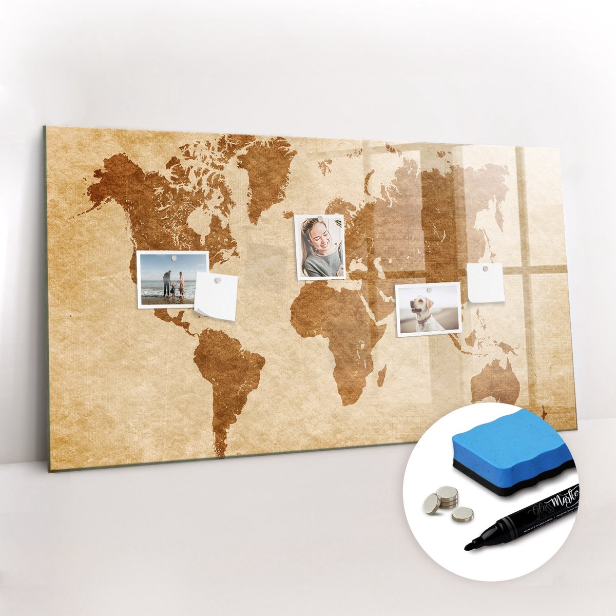 Tulup Whitebord - Wereldkaart in ouderwetse stijl - 120 x 60 cm - Bruin Magnetisch Memobord - Gratis 5 Sterke Magneten + Whiteboard Marker & Wisser - Industrieel Wandbord - Memo Bord - Inspiratiebord Kantoor
