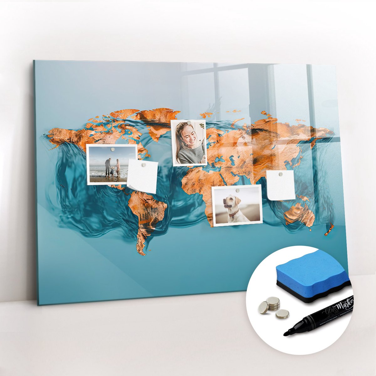 Tulup Whitebord - Abstracte wereldkaart - 100 x 70 cm - Turkoois Magneetbord Foto - Gratis 5 Sterke Magneten + Whiteboard Marker & Wisser - Minimalistisch Prikbord - Magnet Board - Planning Muur