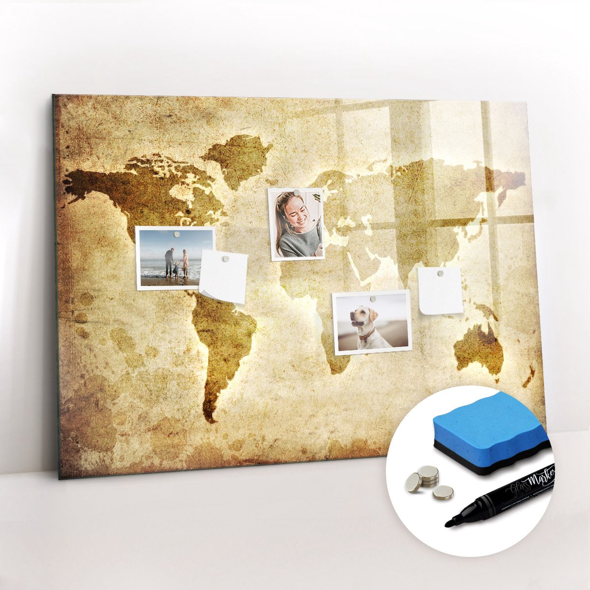 Tulup Whitebord - Retro wereldkaart - 100 x 70 cm - Bruin Magnet Board - Inclusief Gratis Magneten & Marker & Spons - Decoratief Magnetisch Bord - Magnetic Board - Productiviteit Tools