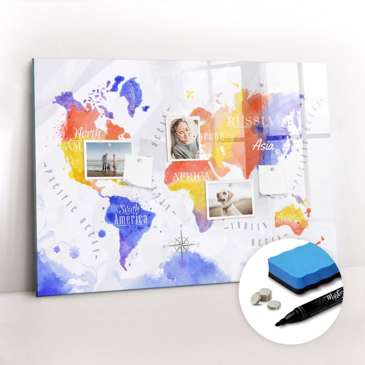 Tulup Whitebord - Geschilderde wereldkaart - 100 x 70 cm - Veelkleurig Memobord Keuken - Gratis 5 Sterke Magneten + Whiteboard Marker & Wisser - Scandinavisch Design Bord - Magneetbord Keuken - Planning Muur