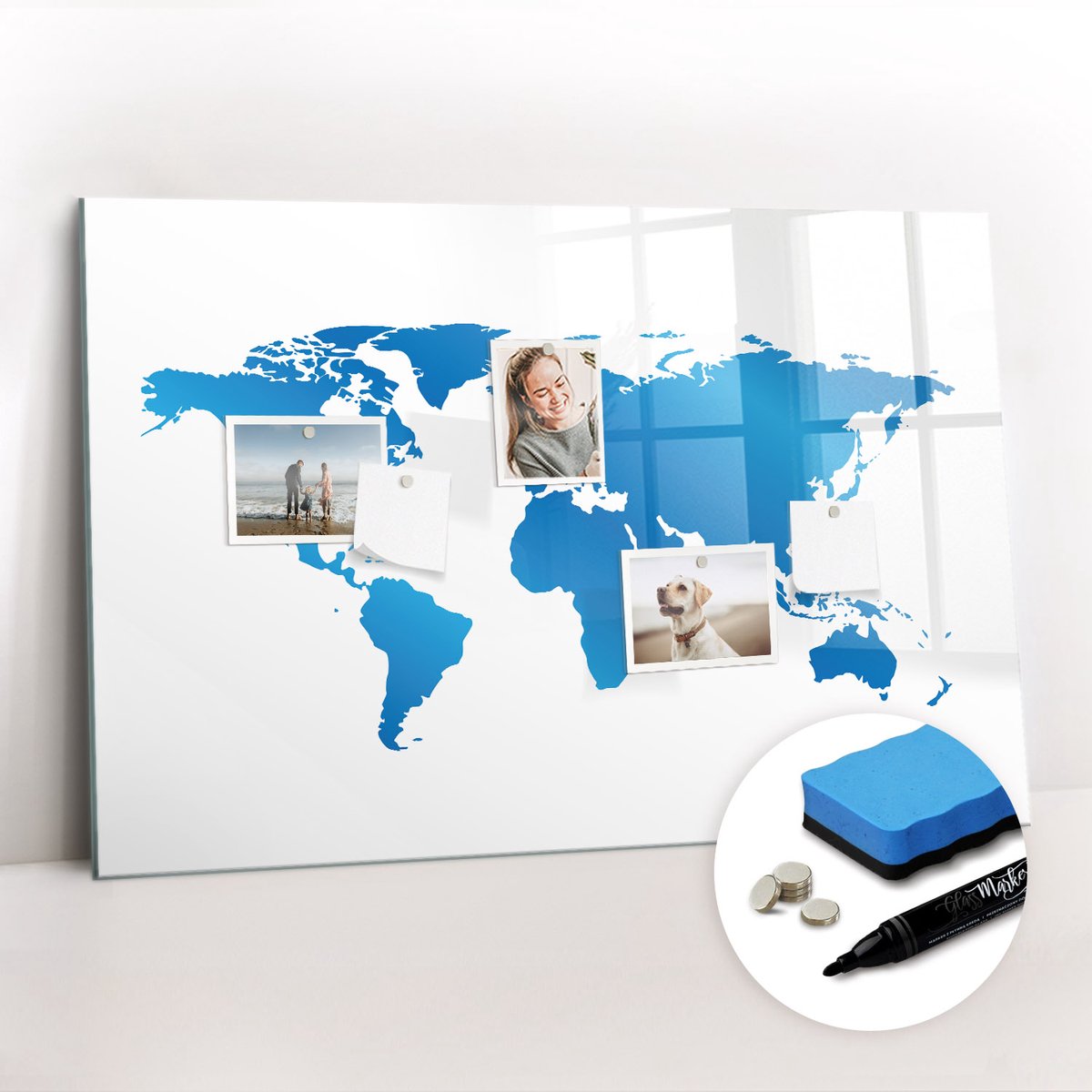 Tulup Whitebord - Contouren van de landmassa's van de wereld - 90 x 60 cm - Blauw Memobord Glas - Gratis 5 Sterke Magneten + Whiteboard Marker & Wisser - Decoratief Magnetisch Bord - Magnetisch Bord Kind - Ideeënbord Thuiswerkplek