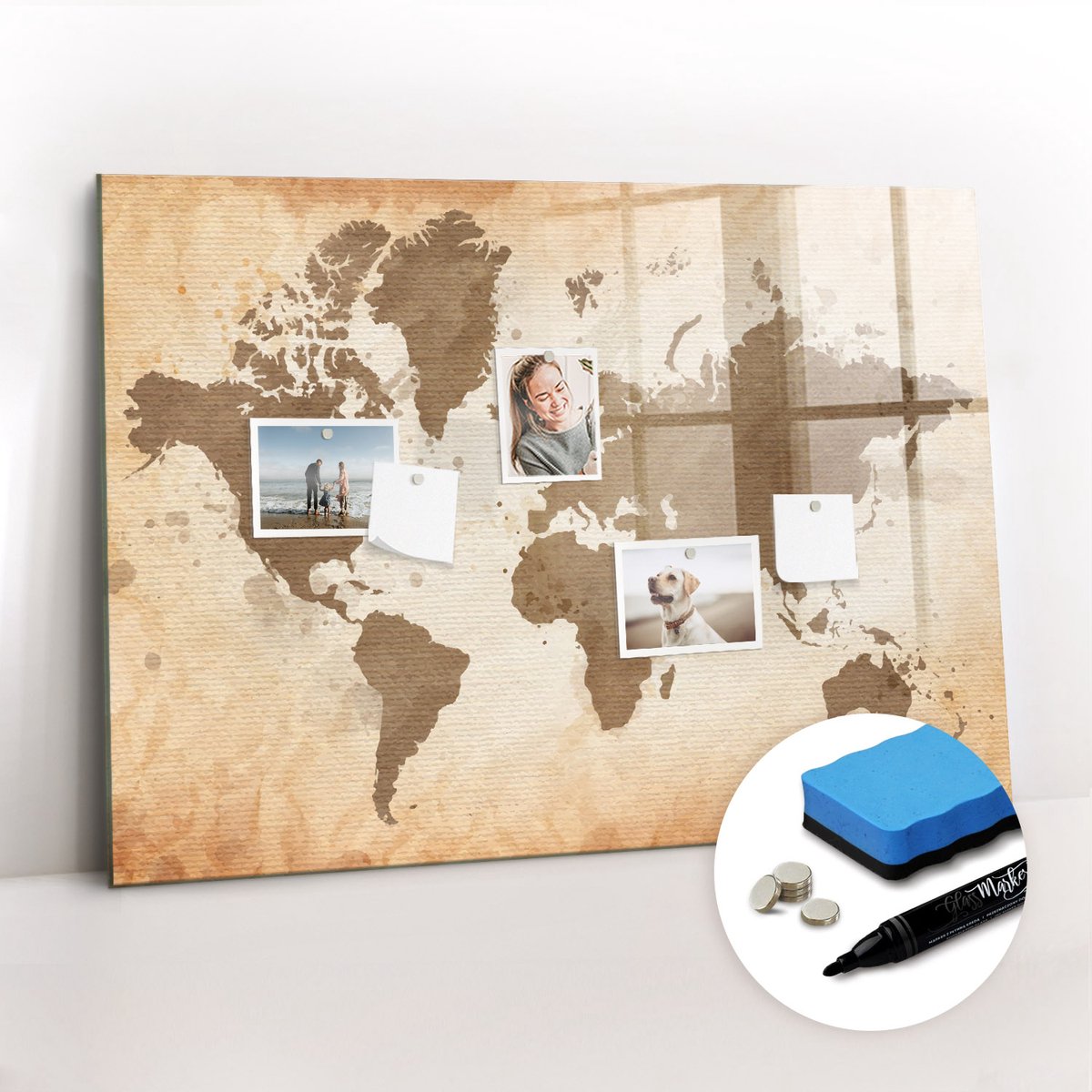 Tulup Whitebord - Artistieke wereldkaart - 100 x 70 cm - Bruin Magneetbord Keuken - Inclusief Gratis Magneten & Marker & Spons - Industrieel Wandbord - Magneetbord Rechthoekig - Planning Muur