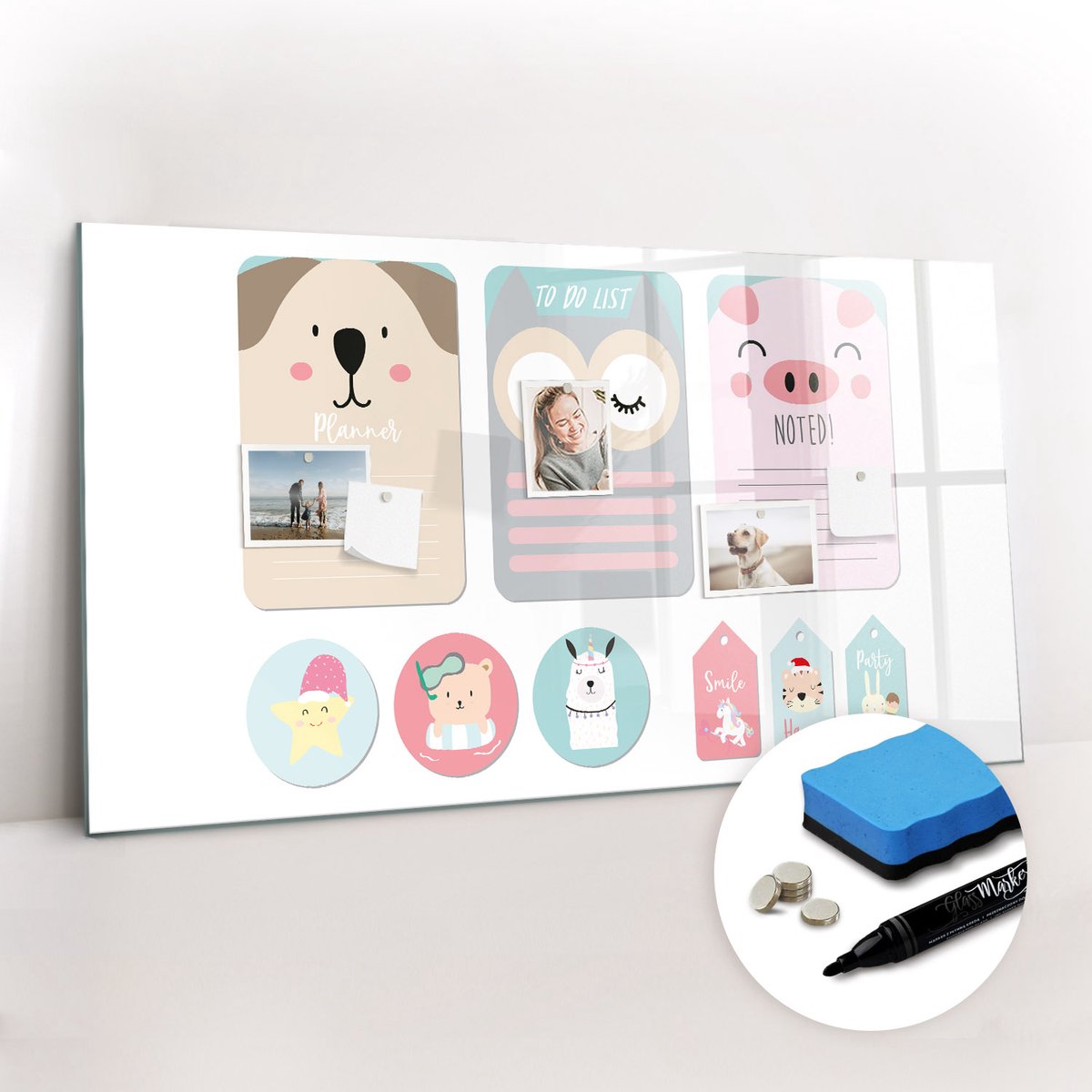 Tulup Whitebord - Blije dieren - 120 x 60 cm - Veelkleurig Memobord Magnetisch - Gratis 5 Sterke Magneten + Whiteboard Marker & Wisser - Moderne Wanddecoratie - Magnetic Board - Organiseer Je Bureau