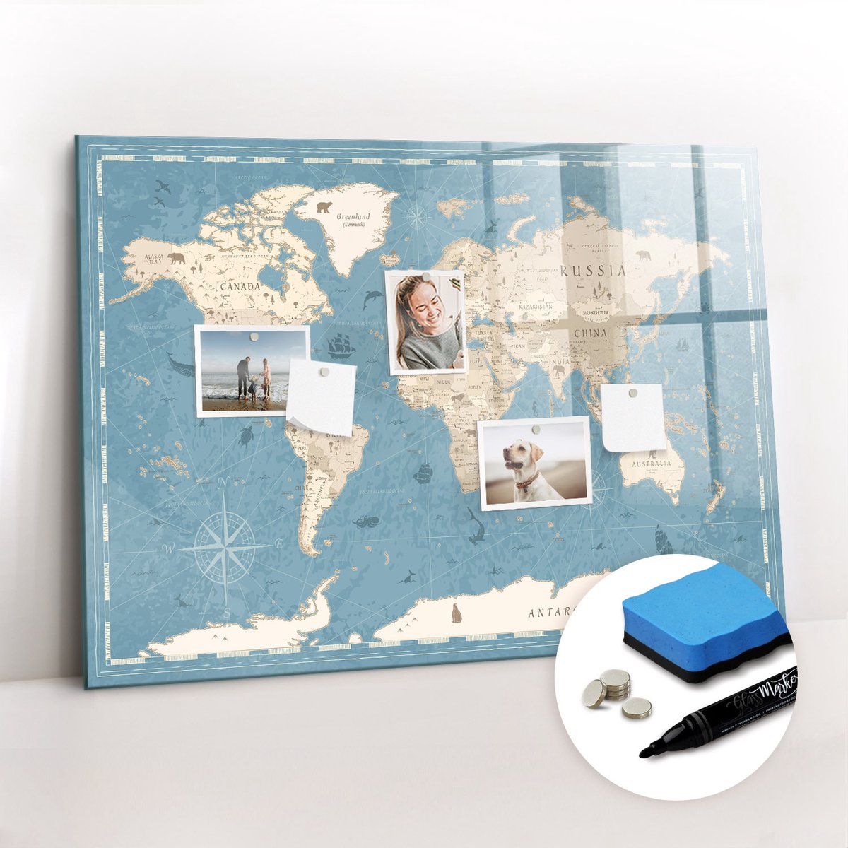 Tulup Whitebord - Vintage wereldkaart - 100 x 70 cm - Blauw Memo Magneetbord - Gratis 5 Sterke Magneten + Whiteboard Marker & Wisser - Organizer Muur - Magneetbord Design - Planning Muur