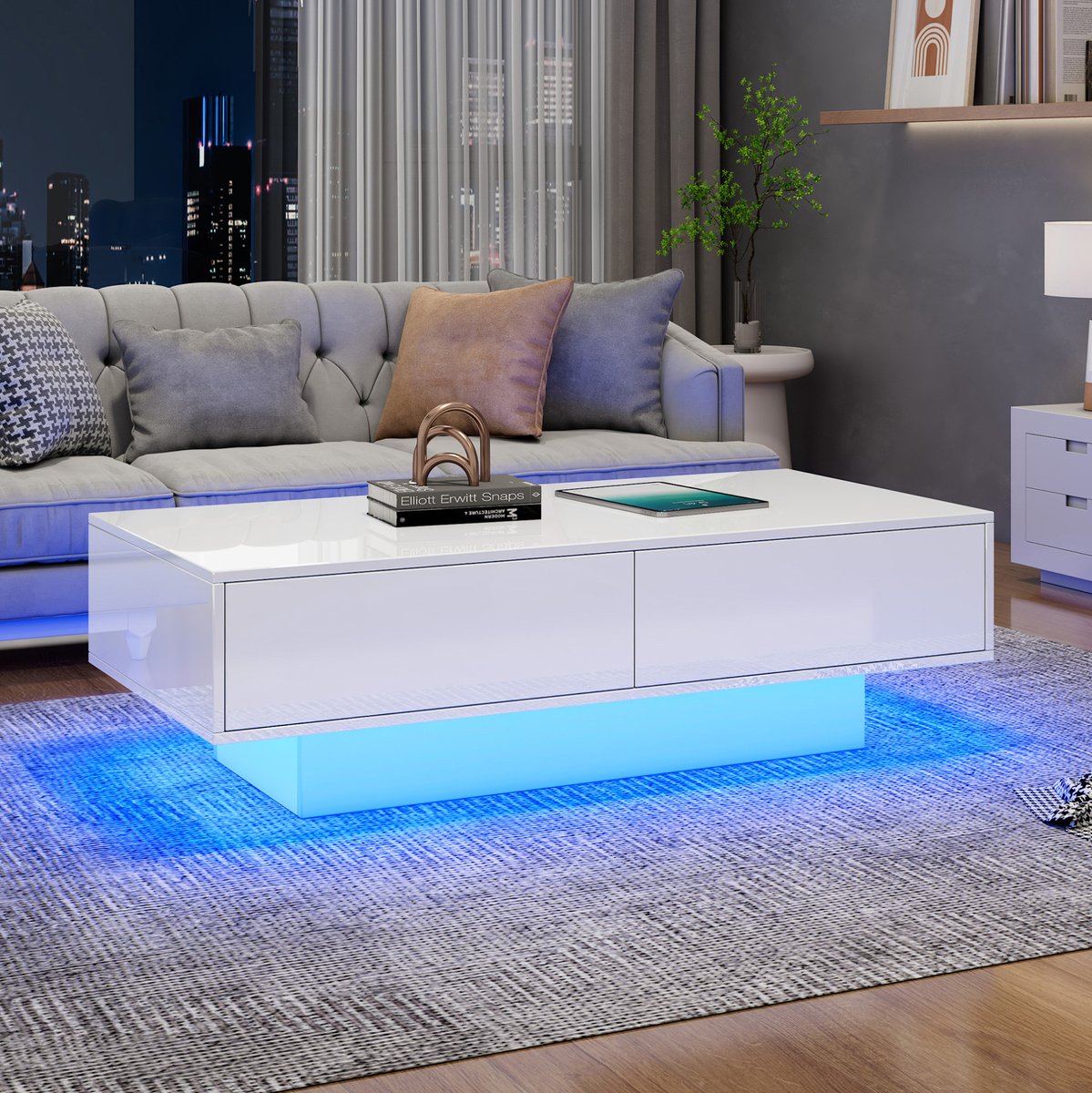 HAUSS SPOLE Salontafel - Hoogglans Met LED-Verlichting En 2 Lades - Voor Woonkamer En Opbergruimte - Spaanplaat - 115x55x34 Cm - Wit